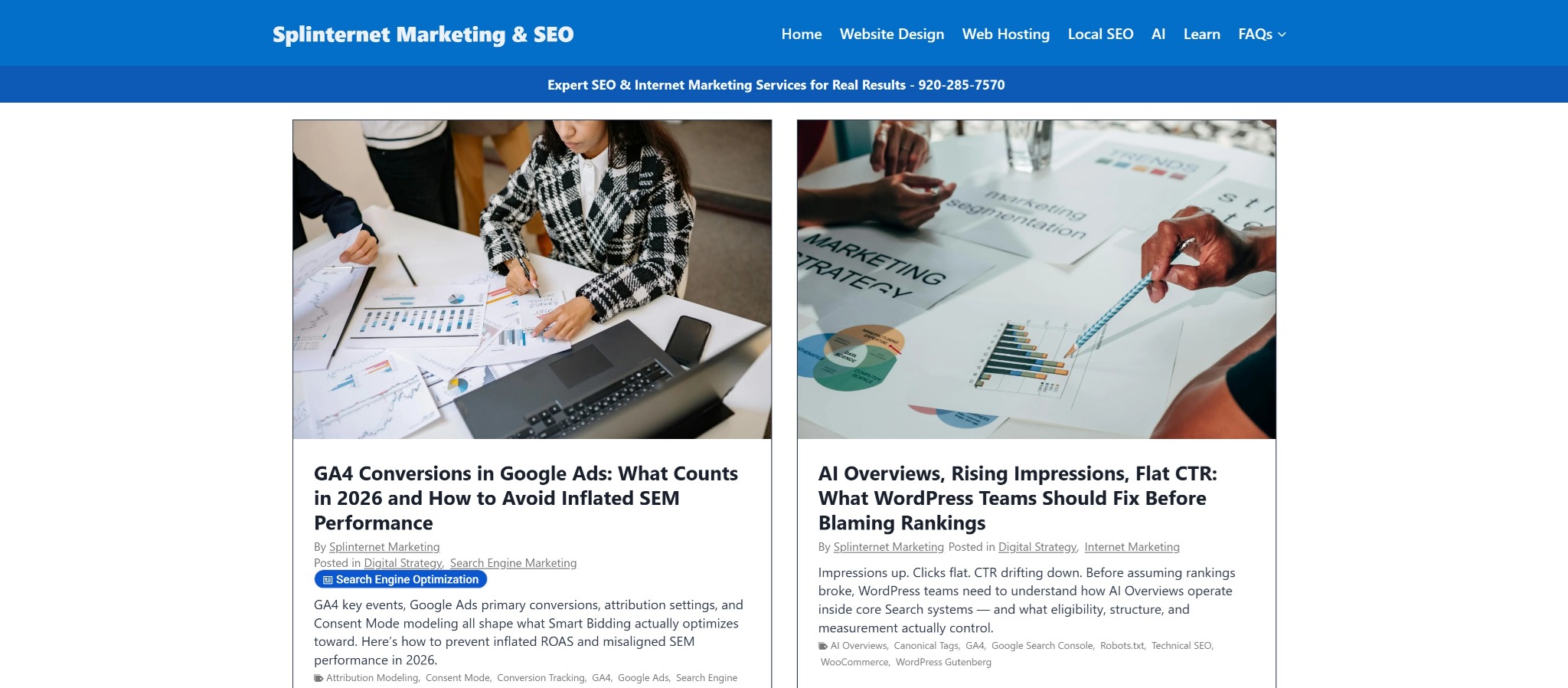 Splinternet Marketing homepage with its blue header and articles about website analytics and search marketing.