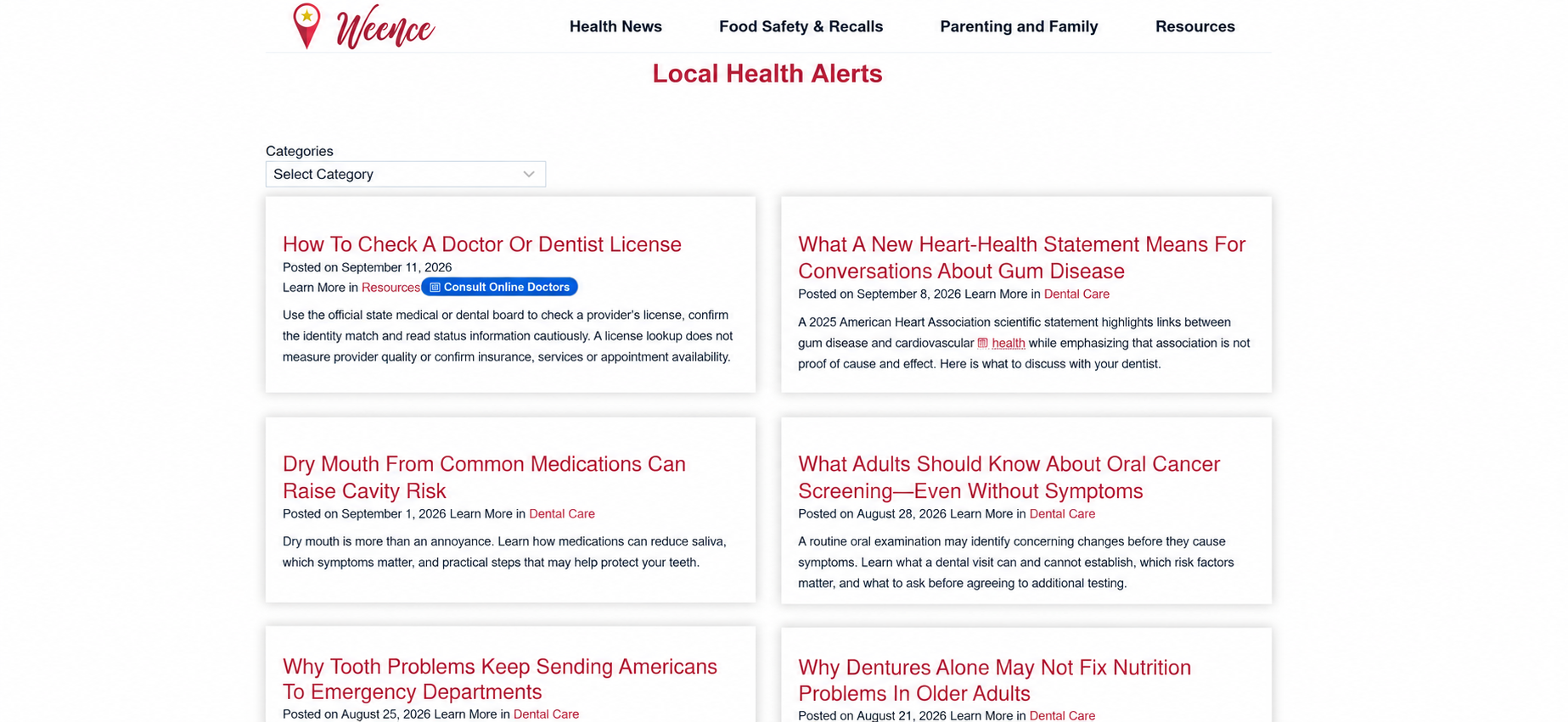 Weence homepage with health topic navigation and an article grid covering health resources and dental care.